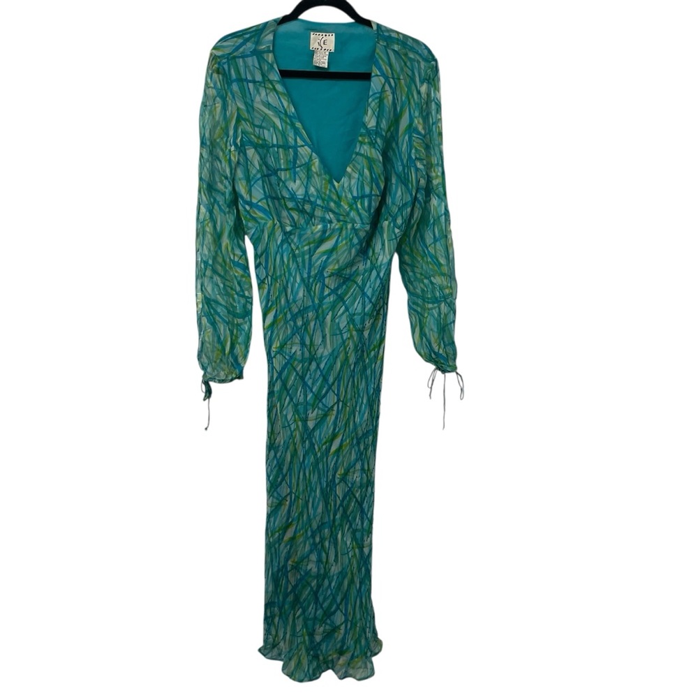 VINTAGE Ice Teal Green Abstract Print Silk Beaded Long Sleeve Y2K Midi Dress
